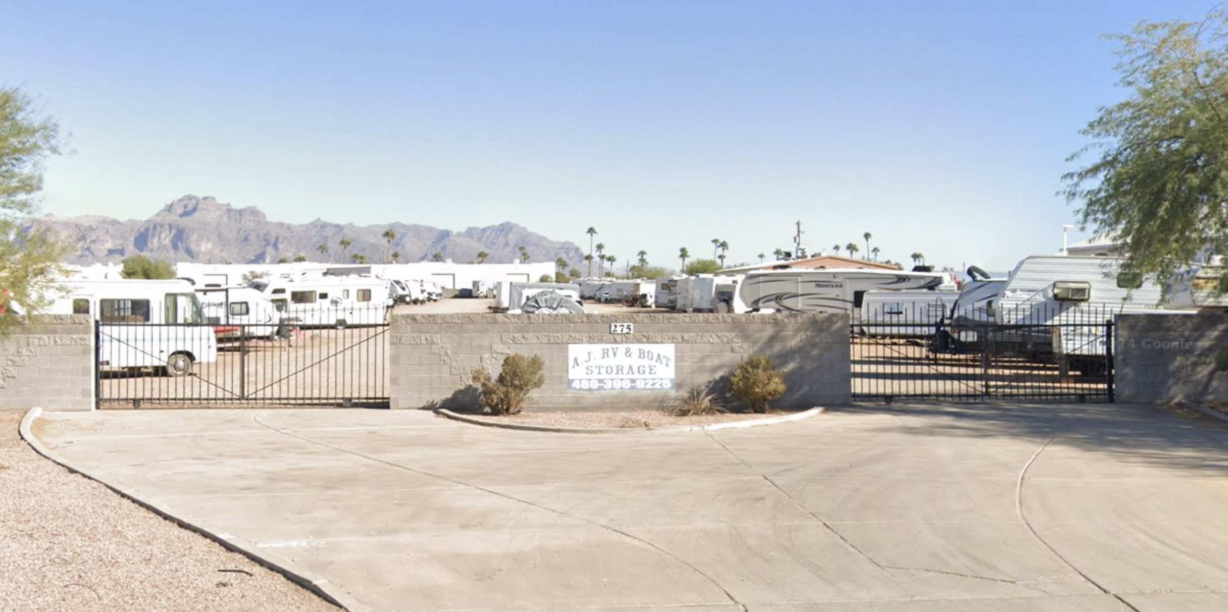 A.J. RV & Boat Storage office and roadside sign in Apache Junction